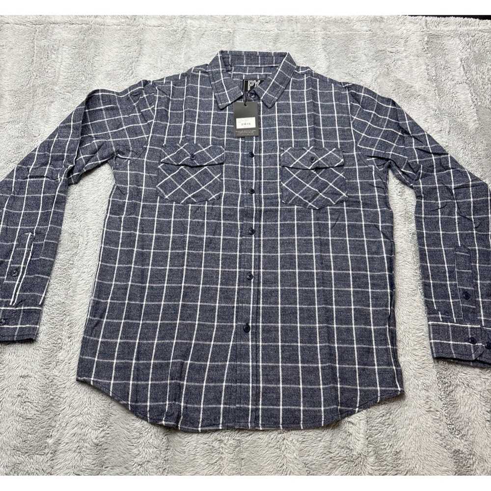 PX Clothing Men's Plaid Flannel Button-Up Shirt Navy White Windowpane Size M NWT